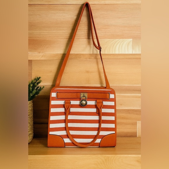 Women’s Orange & White Striped Shoulder/Hand Bag | Removable Strap | 12”x13.5” - Picture 2 of 4